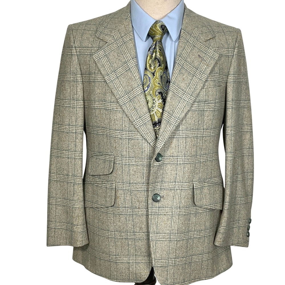 Geoffrey Beene Blazer Men 40 Green‎ Windowpane Plaid Two Button Tweed Wool VTG